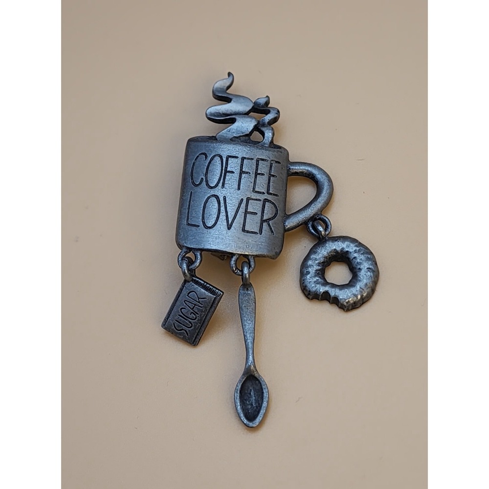 Vtg JJ JONETTE Signed  Coffee Lover Pin Brooch Dangly Spoon Sugar Donut‎ Charms